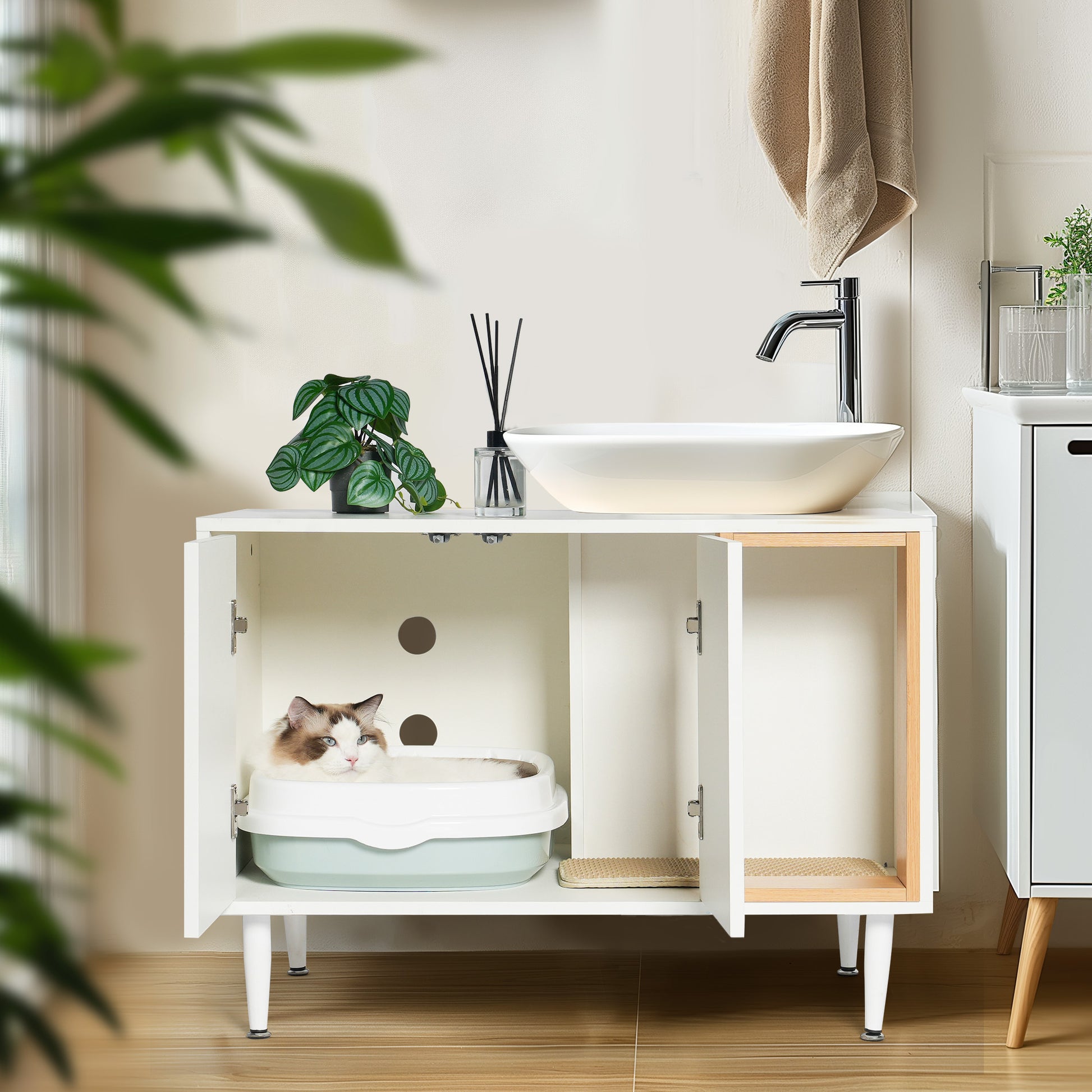 Bathroom Sink Cabinet With Cat Litter Box Enclosure, Hidden Litter Pet Washroom With Divider, Indoor Cat House For Large Cats, Wooden Cabinet Furniture, White White Vintage Particle Board