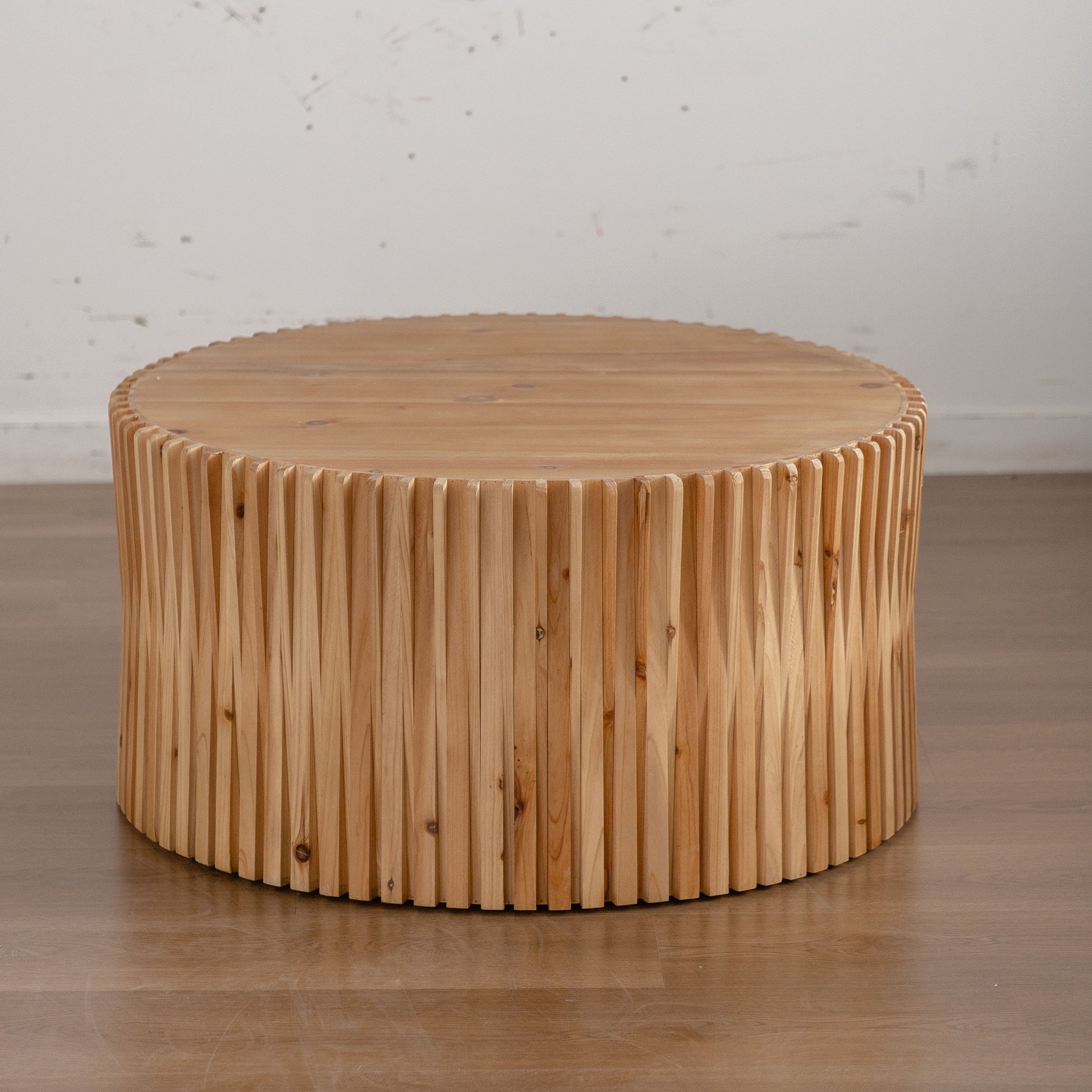 31.5" Retro Fashion Style Cylindrical Coffee Table With Vertical Texture Relief Design,Suitable For Living Room,Office,And Dining Room Natural Fir Wood
