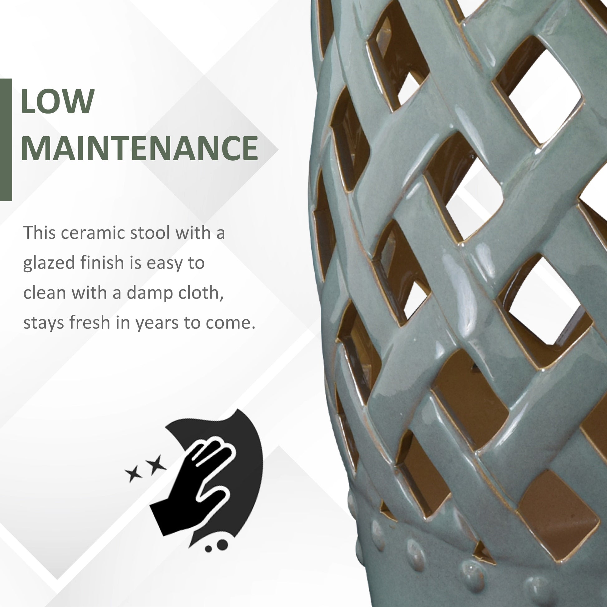 Outsunny 13" X 18" Ceramic Garden Stool With Woven Lattice Design & Glazed Strong Materials Decorative End Table, Green Green Porcelain