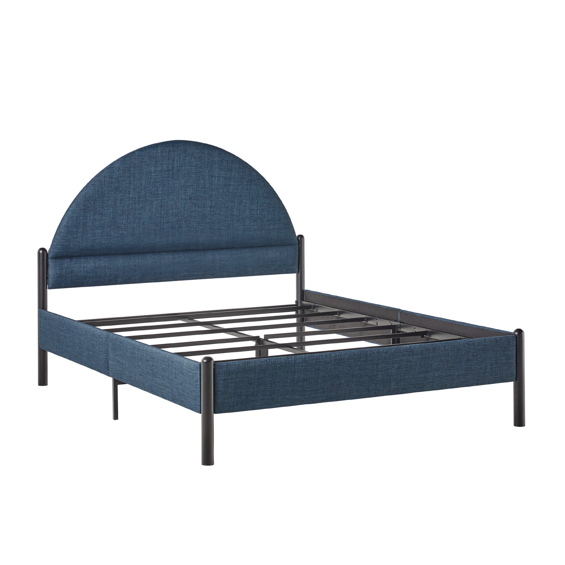 Modern Upholstered Curved Headboard Queen Bedframe Blue Queen Blue Metal Polyester