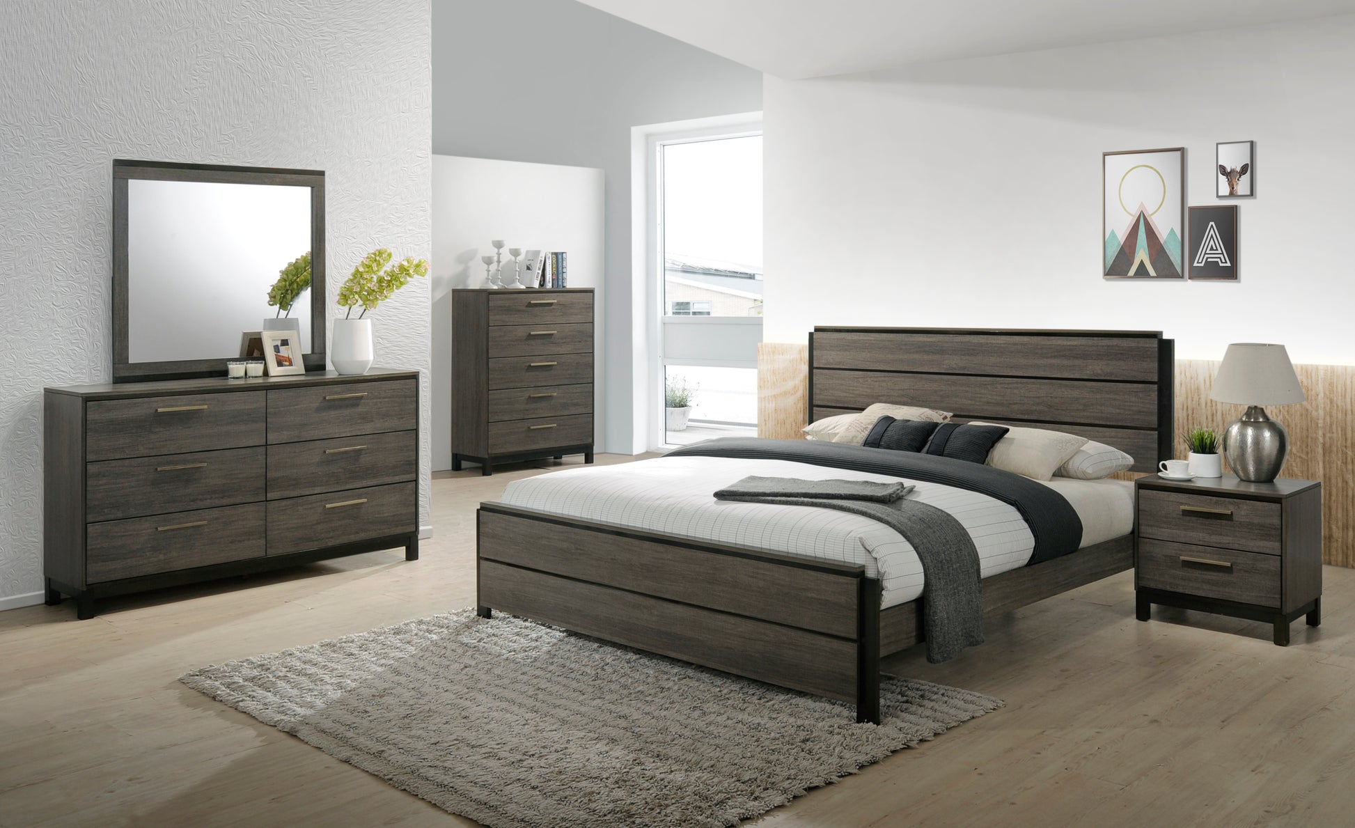 Ioana Antique Grey Finish Wood Bed Room Set, King Size Bed, Dresser, Mirror, Night Stand, Chest Box Spring Required King Gray Wood Gray 5 Piece Set Bedroom Bed Included,Chest Included,Dresser Included,Mirror Included,Nightstand Included