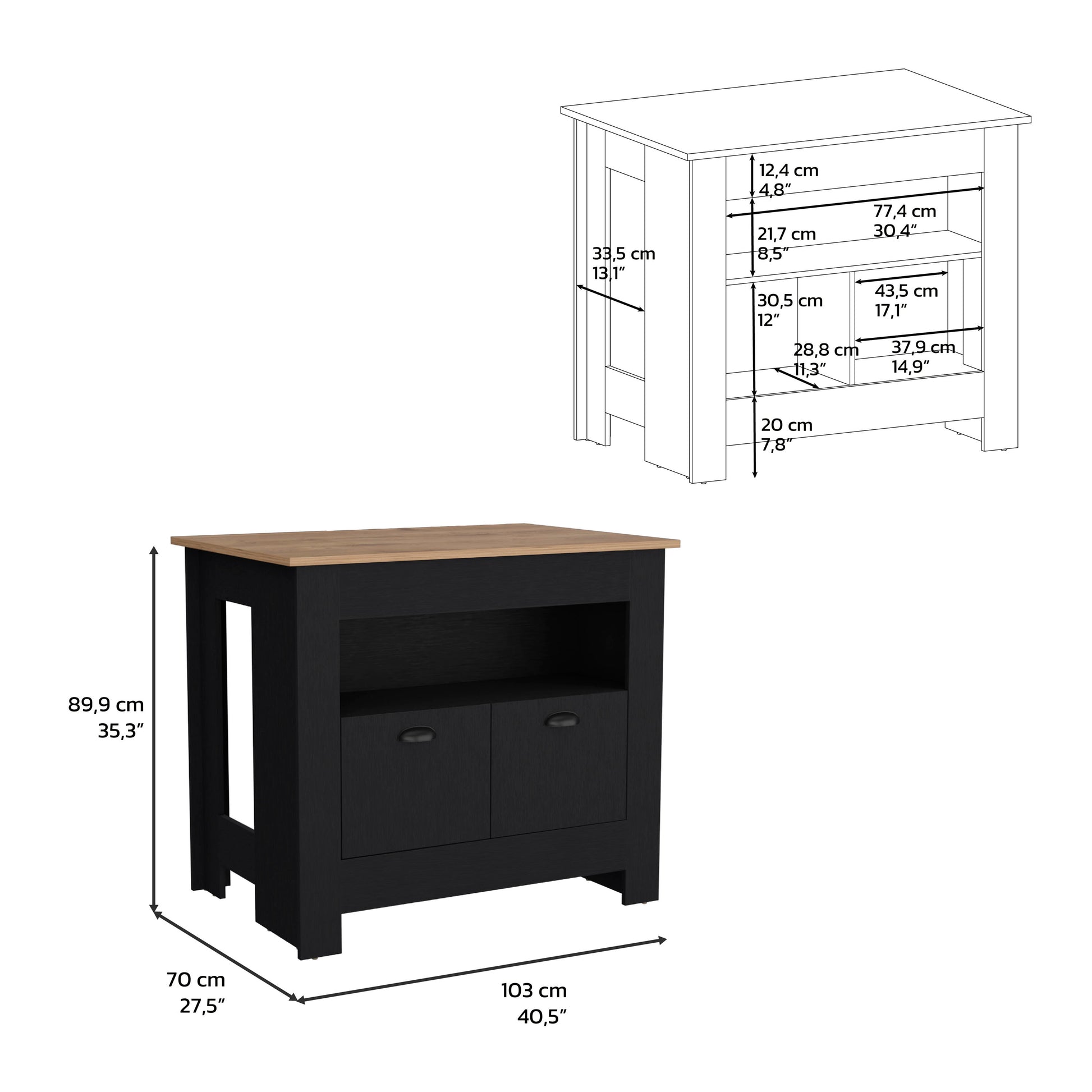 Floyd Kitchen Island 35" H, Whit 2 Doors, 3 Shelves, Black Macadamia Black Solid Wood Mdf Engineered Wood