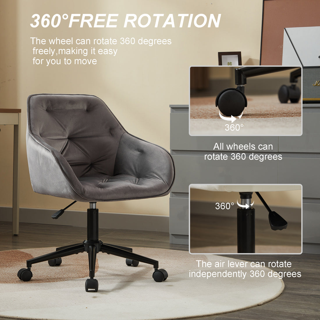 Elegent Velvet Office Chair With Wheels, Makeup Vanity Chair Height Adjustable For Teens Women Girls, Comfy Swivel Modern Leisure Armchair For Home Office, Bedroom, Study And Vanity. Gray Gray Primary Living Space Luxury,Modern Foam Iron