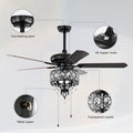 52'' Crystal Shade Ceiling Fan Lamp With Remote Control,3 Speed ,4 Timing5 Reversible Blades Crystal Ceiling Fan ,3Pcs*E12 No Include Bulb Hand Pull Chain Matte Black American Traditional,Antique,Classic,Contemporary Crystal Metal