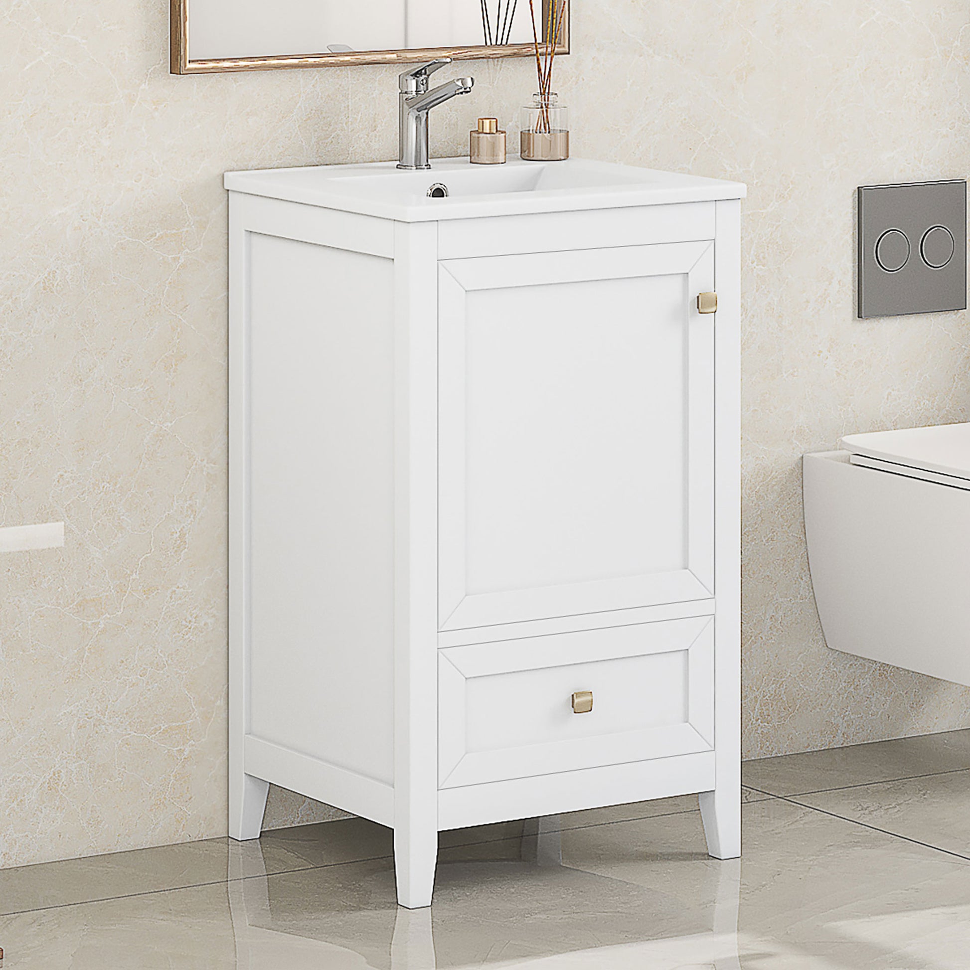 20" Bathroom Vanity With Sink, Bathroom Cabinet With Soft Closing Door, Storage Rack And A Drawer, White White Mdf