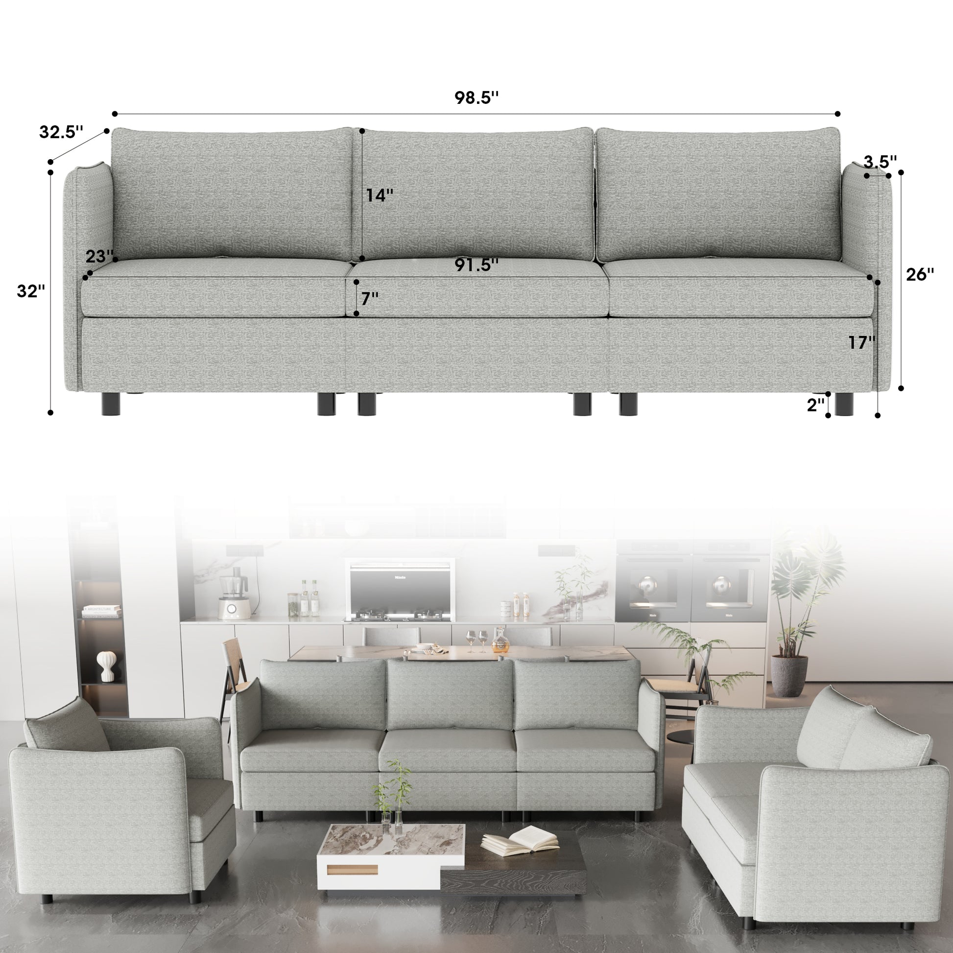 Modular Sectional Sofa, Convertible Sofa Seat With Storage, Sets Including Three Seater Sofa & Couches,Loveseat And Single Chair 1 2 3 Seat For Living Room Grey Fabric 6 Seat