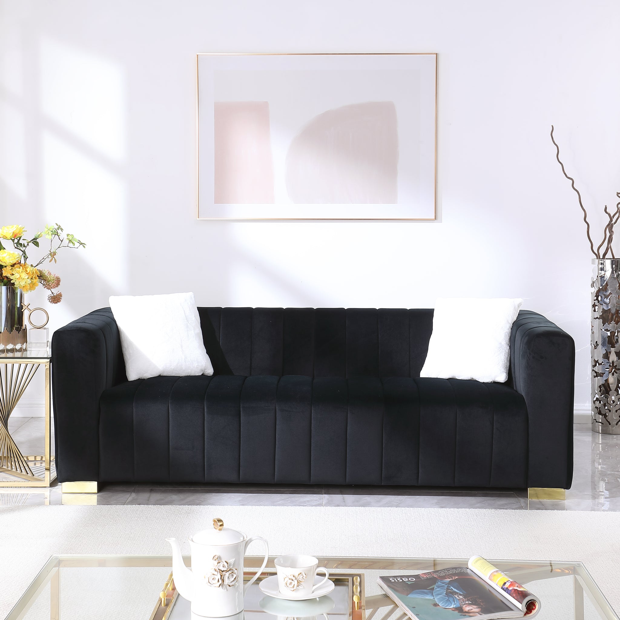 A Modern Channel Sofa Take On A Traditional Chesterfield,Black Color,3 Seater Black Velvet 3 Seat