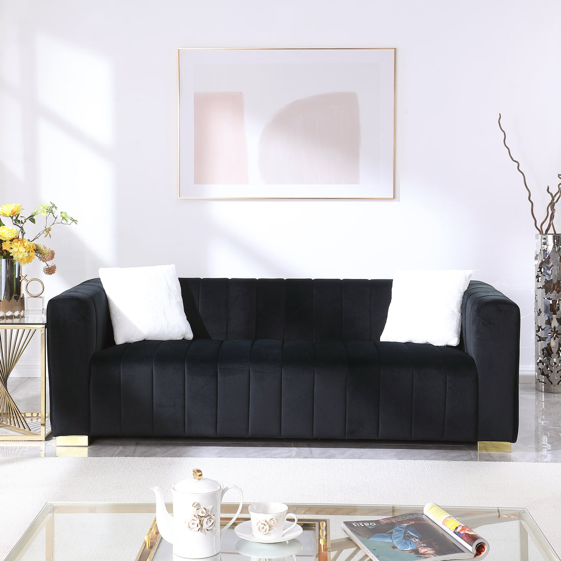 A Modern Channel Sofa Take On A Traditional Chesterfield,Black Color,3 Seater Black Velvet 3 Seat