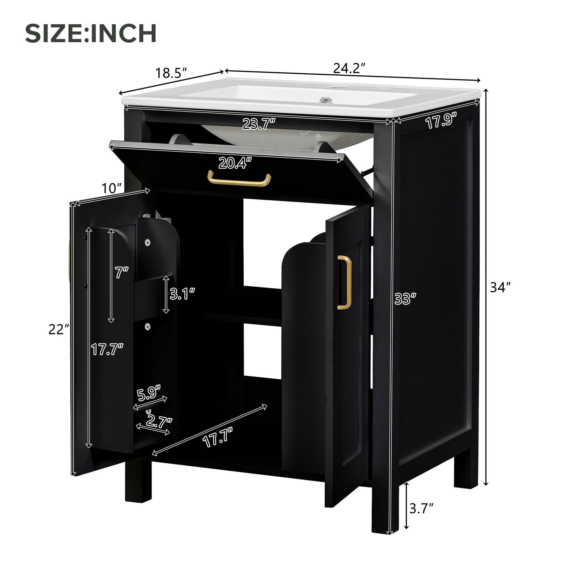 24"Bathroom Vanity Combo With Ceramic Sink, Luxurious Space Saving Vanity W24"*D18"*H34"Inch, 2 Soft Close Doors Black Bathroom Solid Wood Mdf