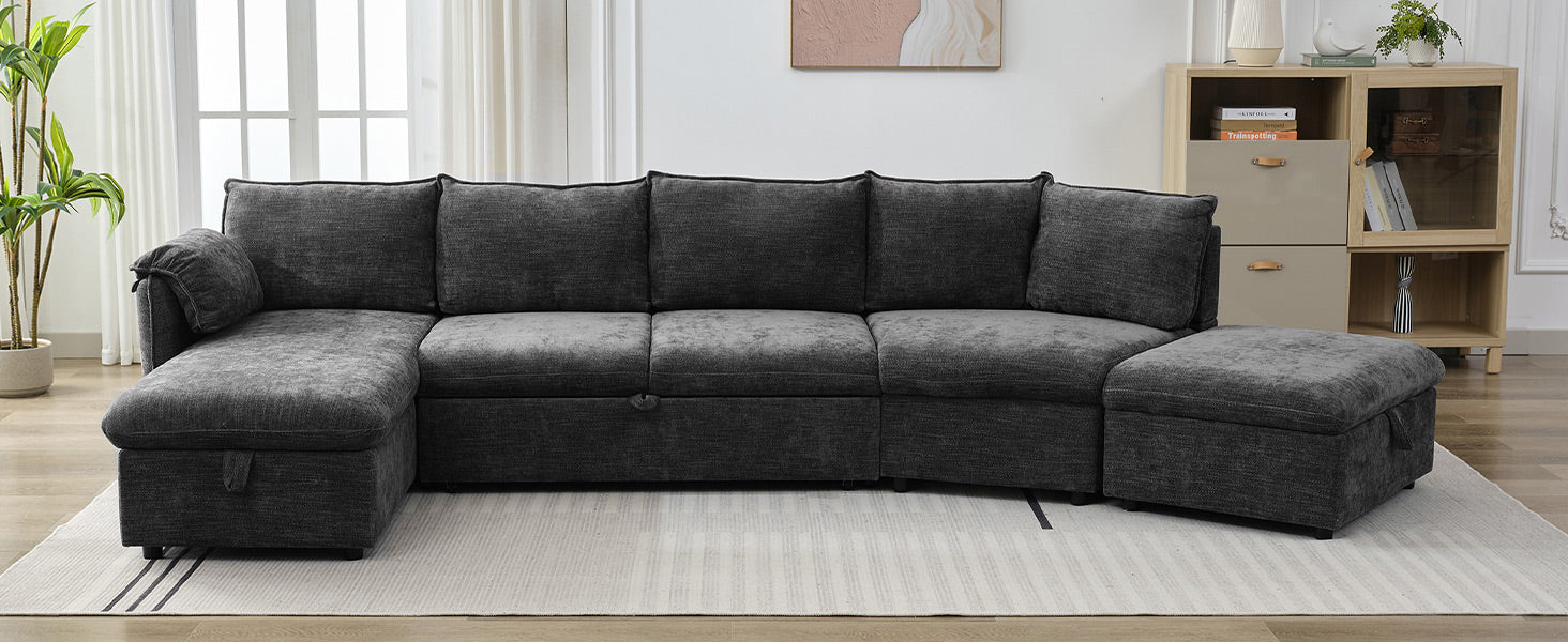 146.9" L Shaped Sofa Sectional Sofa Couch Pull Out Sofa Bed With A Movable Storage Ottoman, A Storage Chaise Lounge And Two Usb Ports For Living Room, Grey Grey Foam Linen 5 Seat