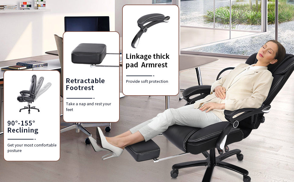 Office Chair With Footrest 400Lb Big And Tall Computer Gaming Chair Ergonomic Executive High Back Reclining Leather Desk Chair With Adjustable Lumbar Support And Heavy Duty Metal Base Metal Black Office Sponge Leather