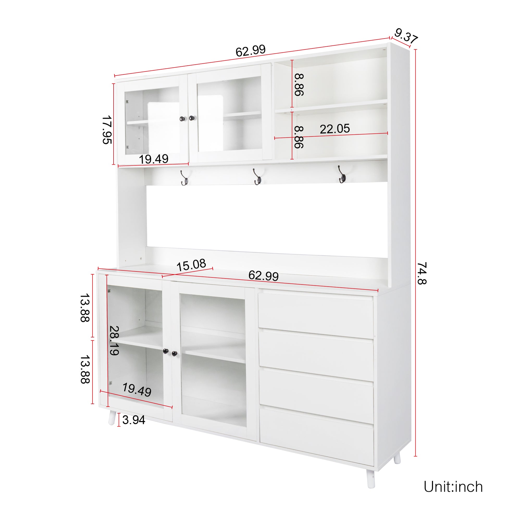 63" W Large Kitchen Hutch Cabinet, Freestanding Pantry Cabinets Storage Kitchen Cupboard With 4 Doors, 4 Drawers & Microwave Shelf, White White Particle Board Mdf