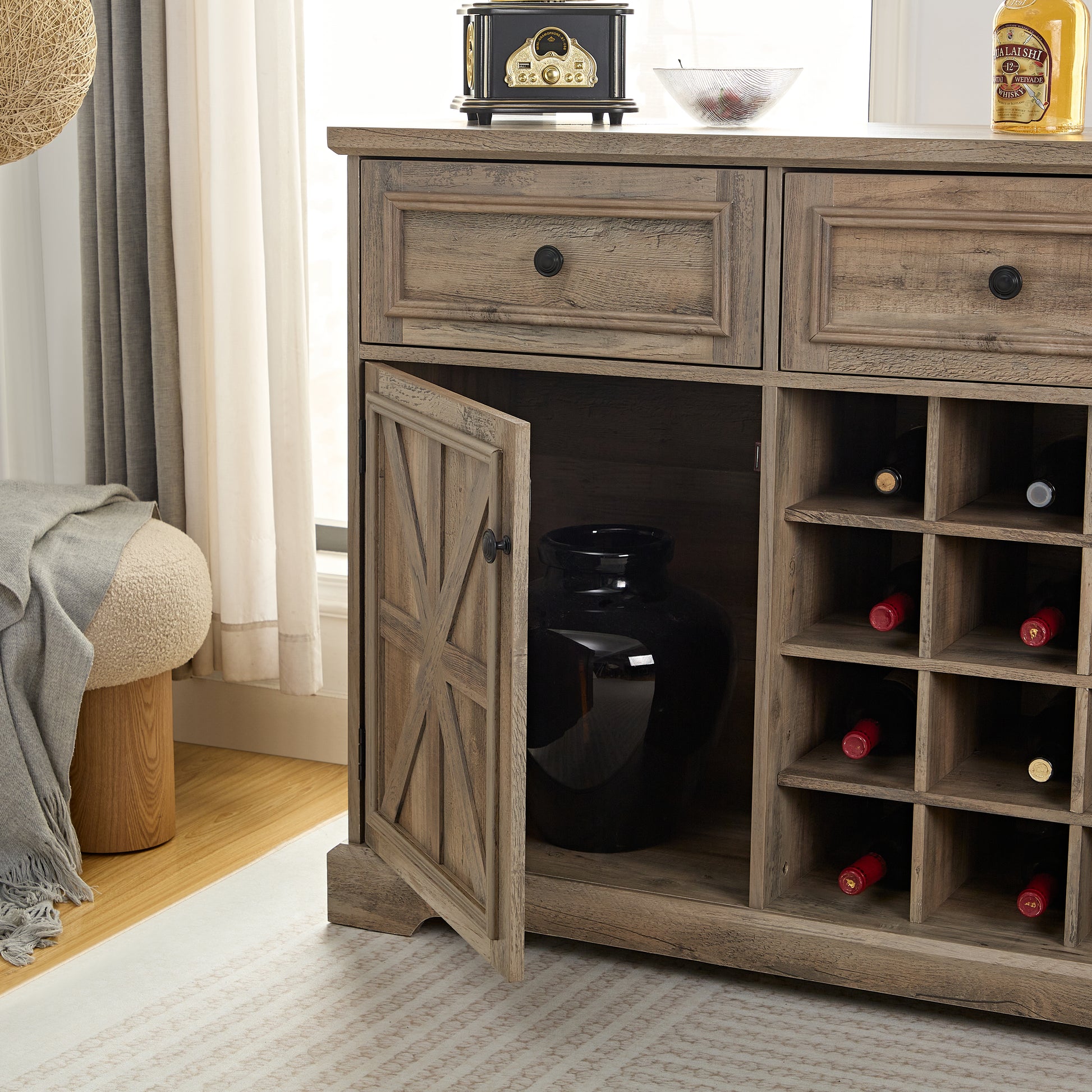 Farmhouse Liquor Cabinet Bar Cabinet With 2 Drawers, Wine Bar Cabinet With Removable Wine Racks Storage Shelves, Cupboard For Kitchen, Dining Room, Gray Wash L39.37''*W15.7"*H34.65" Gray Wash Mdf