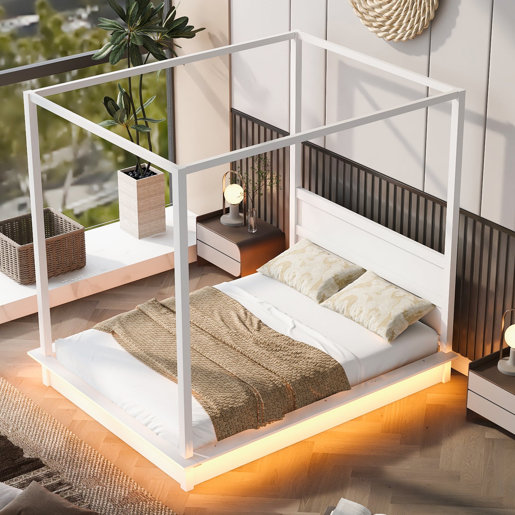 Queen Size Wood Led Canopy Bed ,Canopy Platform Bed With Support Slats, No Box Spring Needed, White Queen White Plywood