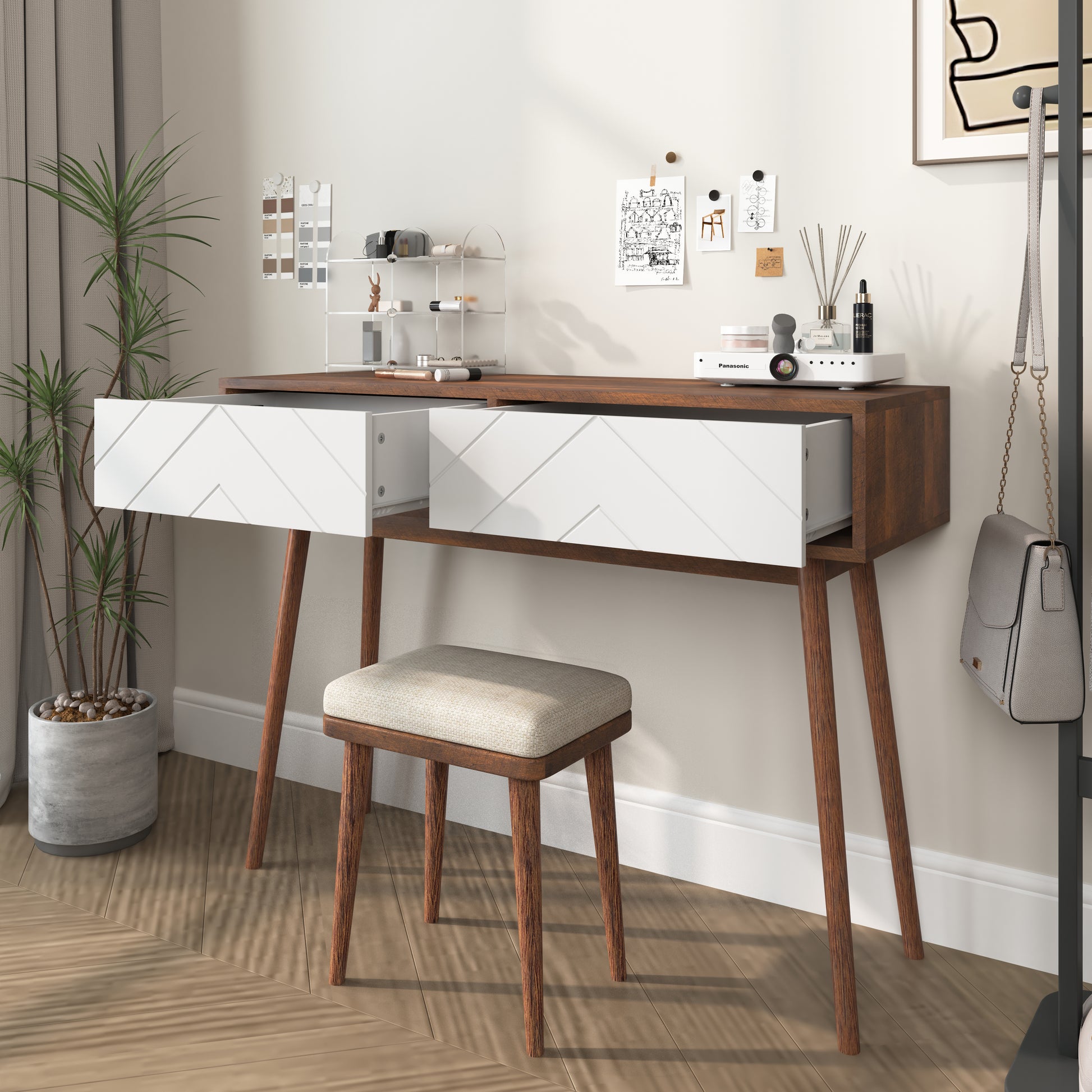 Entryway Table With 2 Carved Panel Drawers, Console Table With Storage Space And Wood Legs,Sofa Table Behind Couch For Hallway, Living Room, Natural Color Natural Particle Board Mdf