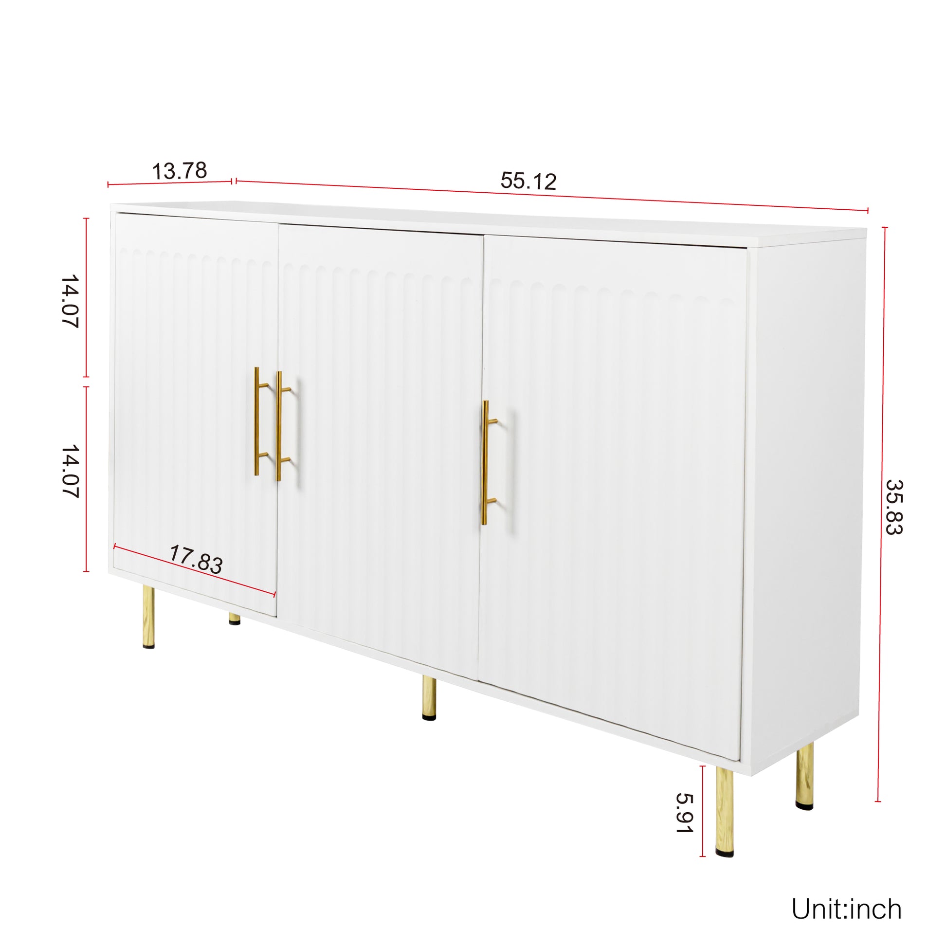 3 Door Large Storage Sideboard With Gold Handles For Kitchen, Dining Room And Living Room.55.12" W Accent White Buffet Cabinet, Coffee Bar Sideboard Cabinet With 3 Doors White White Particle Board