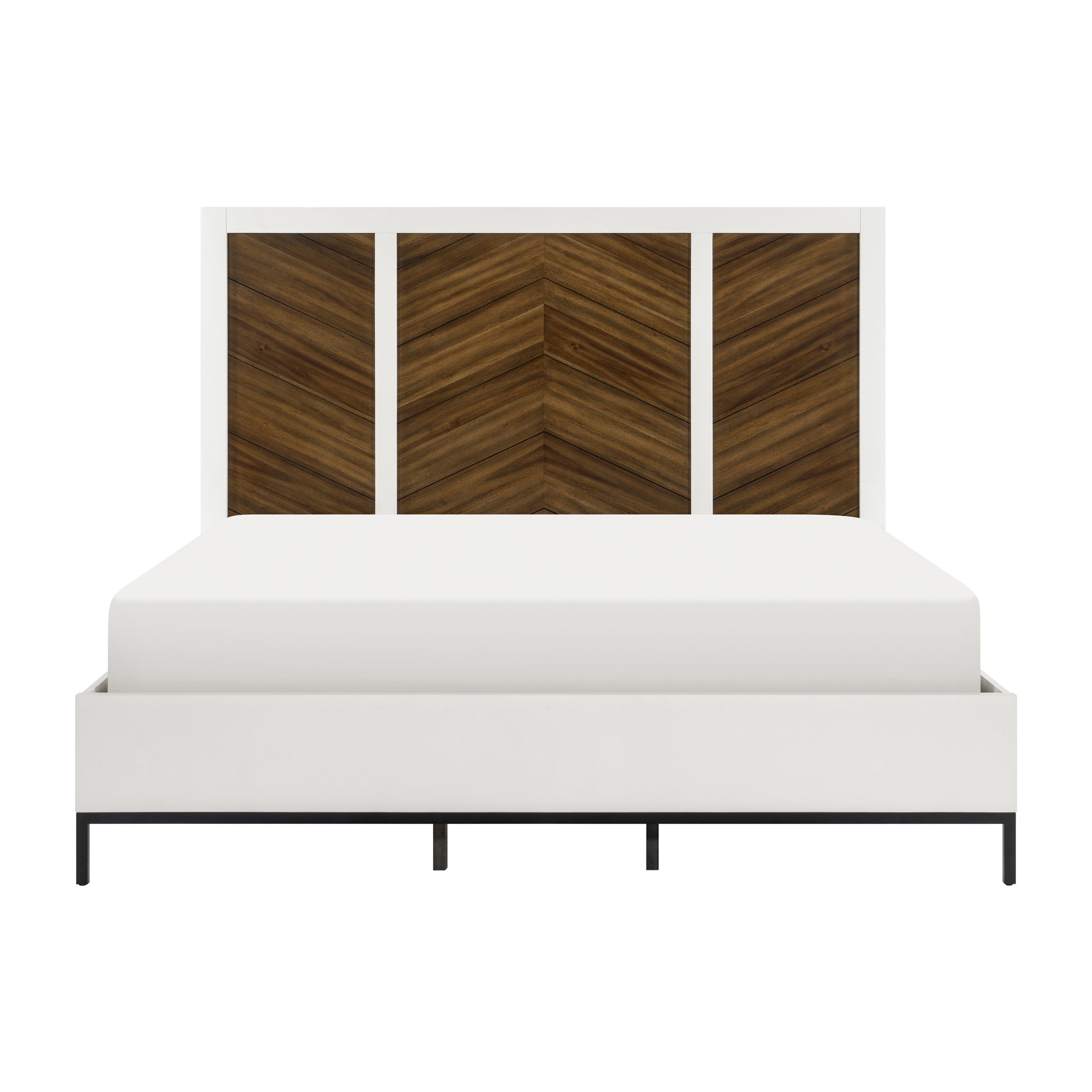 Beautiful White And Walnut Finish 1Pc Eastern King Bed Chervon Wood Headboard With 2 Usb Ports Modern Bedroom Furniture Box Spring Required King White Walnut Bedroom Wood