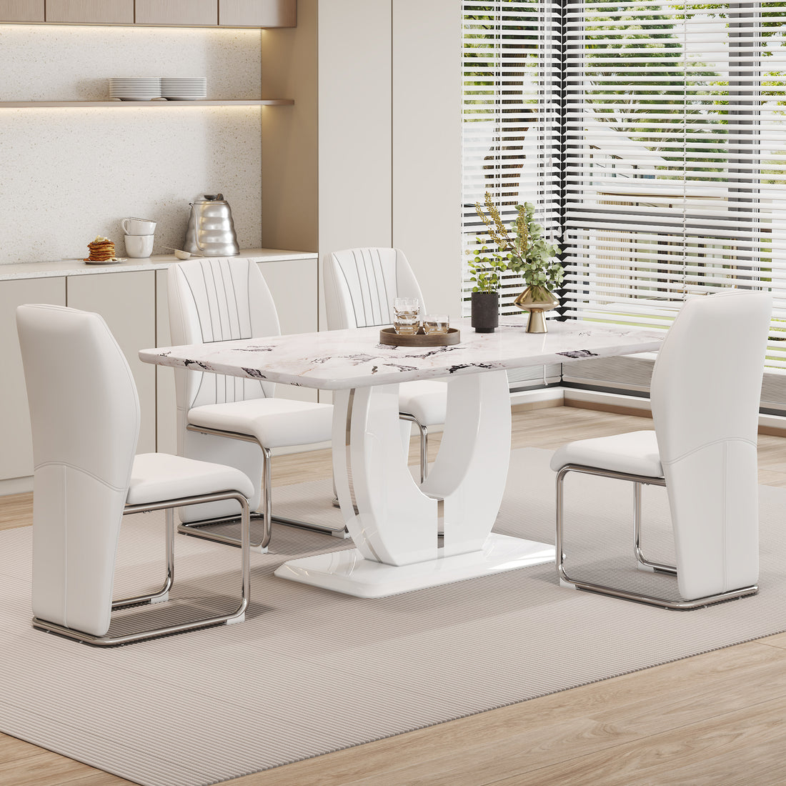 Table And Chair Set, Modern Luxurious White Imitation Marble Pattern Mdf Dining Table,Rectangular Dining Table, Matched With Uniquely Shaped Pu High Backrest Seats,Suitable For Various Occasions. White Seats 4 Mdf