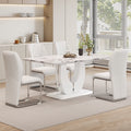 Table And Chair Set, Modern Luxurious White Imitation Marble Pattern Mdf Dining Table,Rectangular Dining Table, Matched With Uniquely Shaped Pu High Backrest Seats,Suitable For Various Occasions. White Seats 4 Mdf