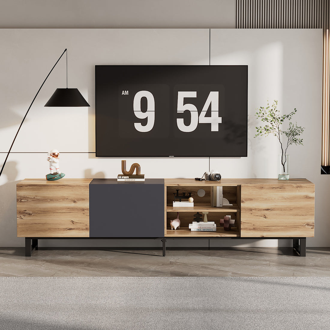 Modern Tv With 3 Cabinets& Open Shelves, Color Matching Media Console Table For Tvs Up To 80'', Entertainment Center With Drop Down Door For Living Room, Bedroom, Home Theatre Wood Brown Primary Living Space 70 79 Inches 70 79 Inches 70 Inches Particle