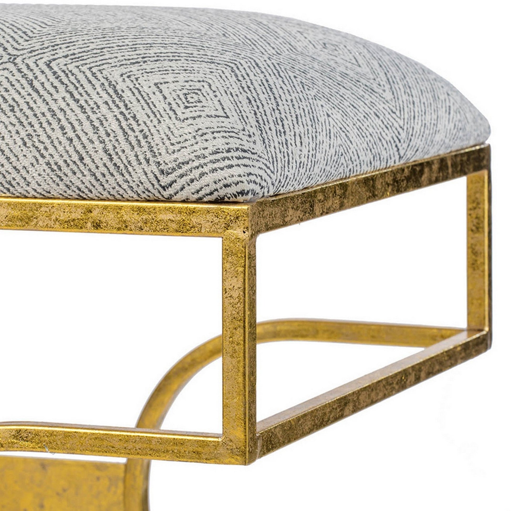 24 Inch Modern Ultra Padded Ottoman, Geometric Frame, Gray, Gold Patina Gray Iron
