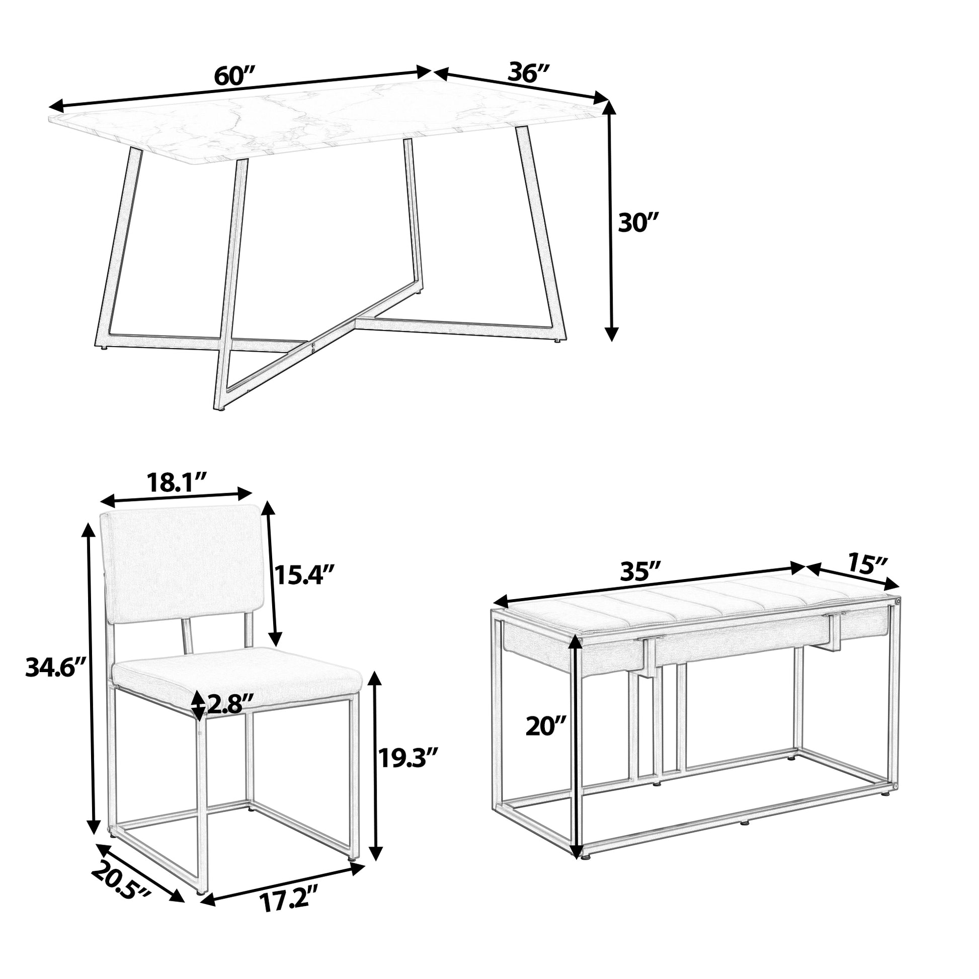 Modern Faux Marble 6 Piece Dining Table Set,60Inch Metal Kitchen Table Set With Upholstered Dining Chairs And Bench, Golden Metal Dining Room Bench Seating Rectangular Dining Table With Chair And Bench Metal Wood Golden Seats 6 60 Inches Farmhouse