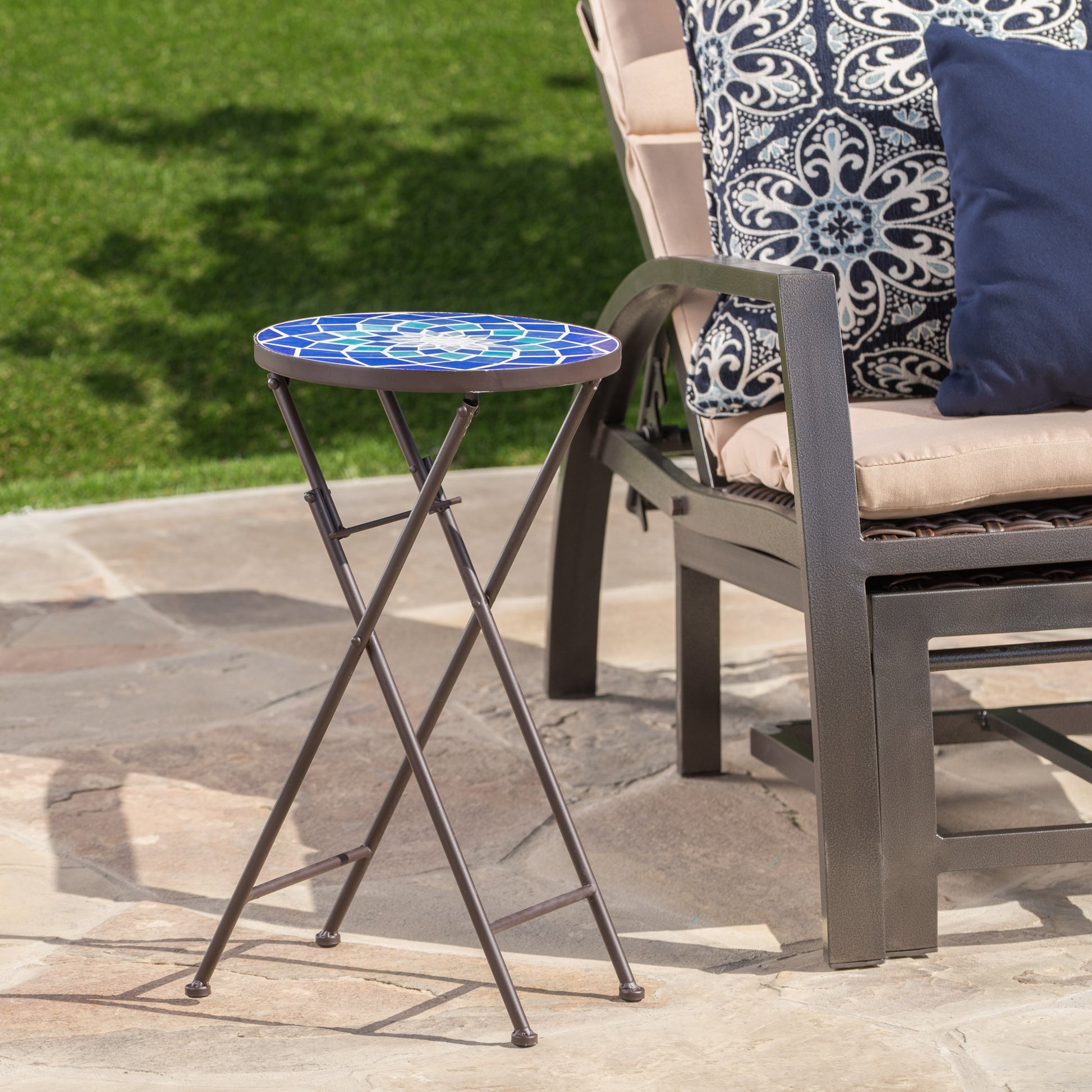 Azure End Table - White Blue Ceramic Tile Iron