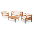 Aston Outdoor Mid Century Modern Cushioned Acacia 4 Seat Chat Set Loveseat & Coffee Table & Club Chair Teak Finish Cream Cushion Yes Complete Patio Set Teak Beige Seats 4 Weather Resistant Frame Water Resistant Cushion Garden & Outdoor Mid Century Modern