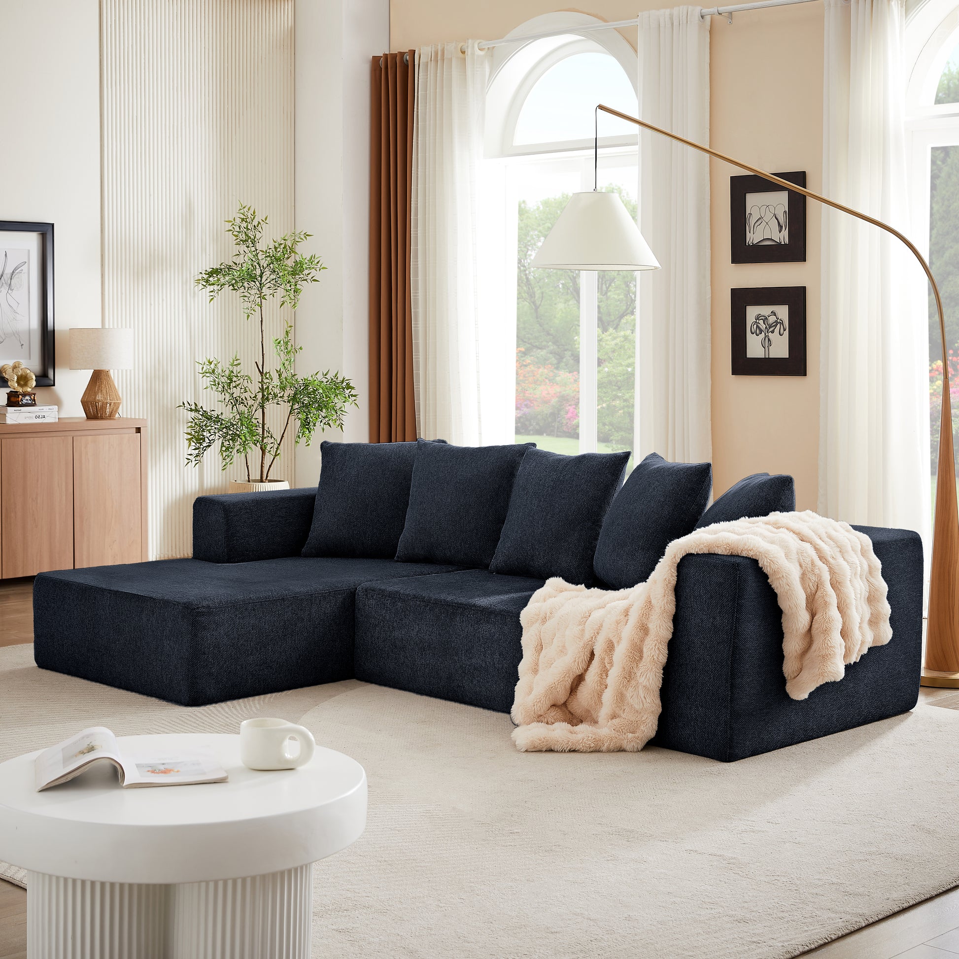 Chenille L Shaped Sectional Sofa Set,Minimalist Style Modular Sectional Sofa, Luxury Chenille Fabric Cloud Couch For Living Room Blue Chenille 4 Seat