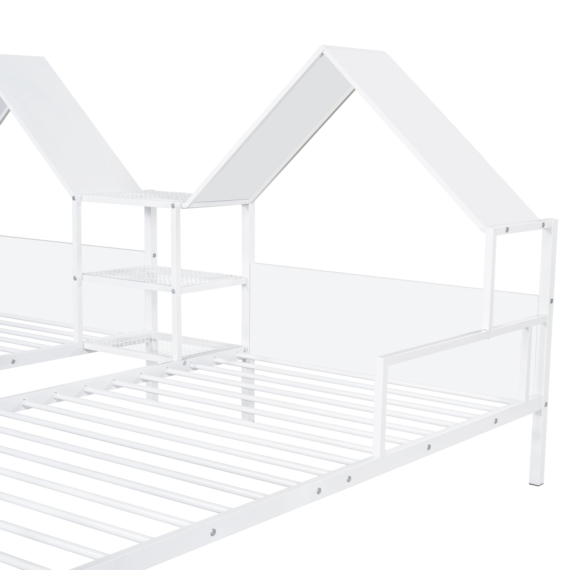 Metal Double Twin Size Platform Bed With House Shaped Headboard And A Built In Nightstand, White Box Spring Not Required Twin White Metal Metal
