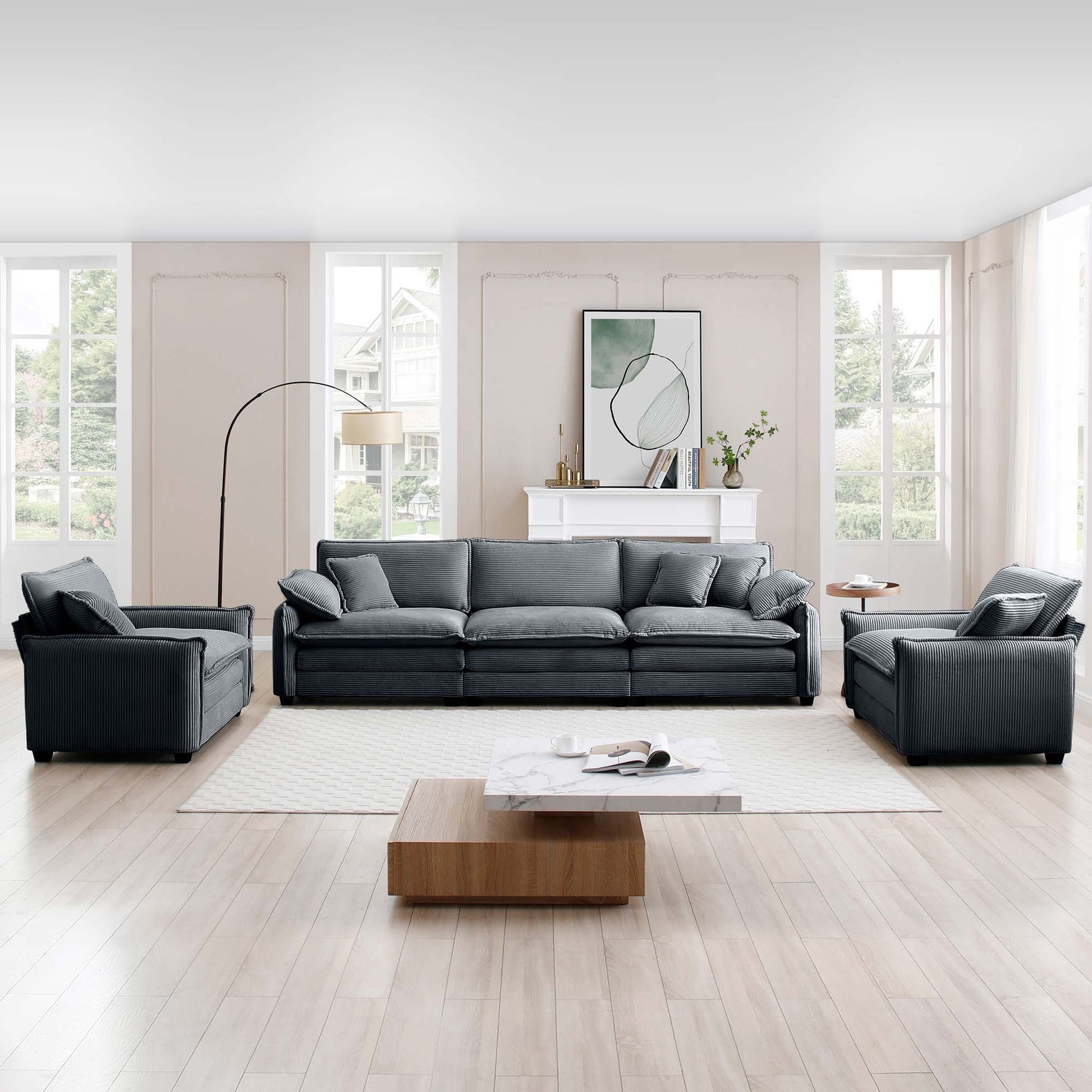Warm And Cozy Sofa Set With Soft Cushions And Pillows, Home Theater Style Sofa Set Consisting Of A 3 Seater Sofa And Two Single Sofas Ingrey Corduroy Fabric Grey Corduroy 5 Seat