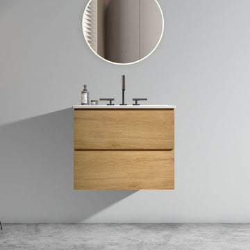 Wall Mount 24" Natural Oak Bathroom Vanity With Ceramic Sink With Three Faucet Holes, Large Storage Floating Bathroom Vanity For Modern Bathroom, One Piece Sink Basin Without Drain, Pre Assembled Oak Bathroom Modern Ceramic Mdf