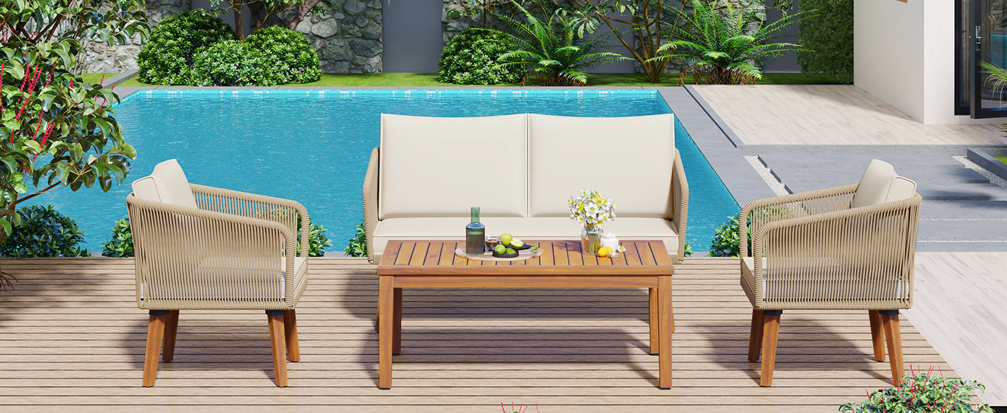 4 Piece Patio Conversation Set, Solid Wood Loveseat, 2 Chairs And Table, Outdoor Conversation Group With Cushions For Backyard, Poolside, Garden Beige Cushion Natural Rope Beige Natural Woven Rope