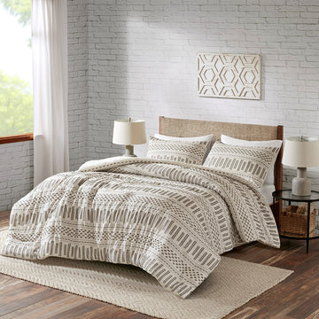 Cotton Jacquard Comforter Mini Set Ivory Charcoal Full Queen Queen Ivory Charcoal Cotton