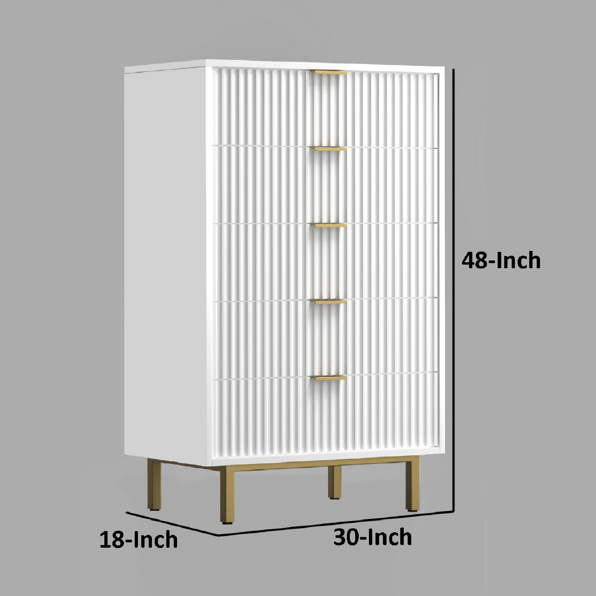 Beth 48 Inch 5 Drawer Tall Dresser Chest, White Mahogany Wood, Gold White Gold Wood