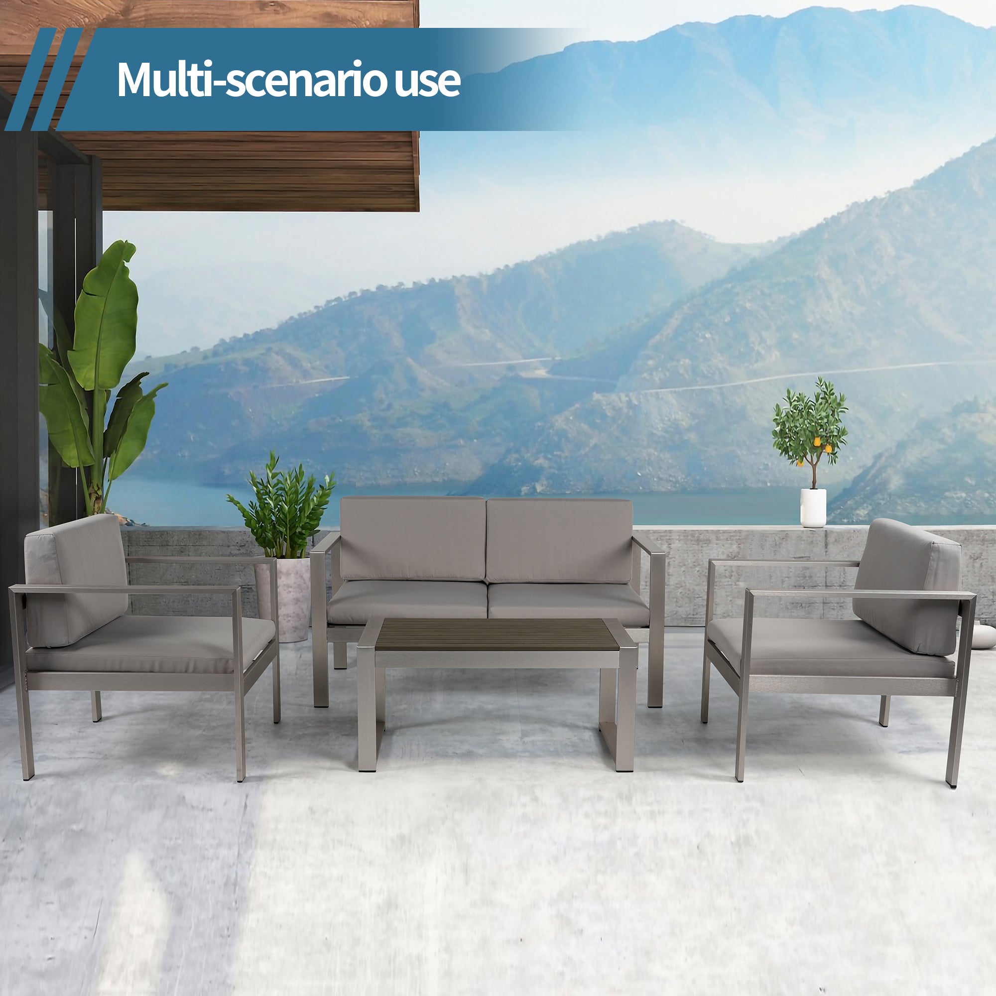 Aluminum Modern 4 Piece Sofa Seating Group For Patio yes-complete patio set-gray+silver-mildew