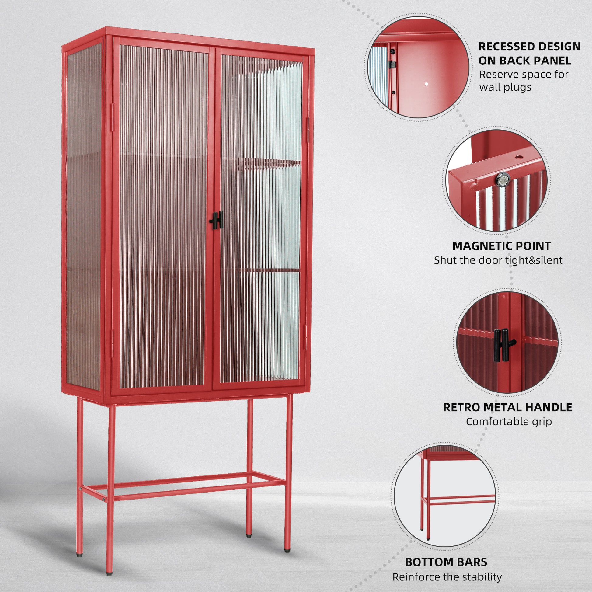 Retro Style Red Tall Freestanding Display Cupboard Stylish Fluted Glass Storage Cabinet With Glass Doors Three Detachable Shelves Bottom Space For Office Dining Room Living Room Old Sku:W68751710 Red Steel