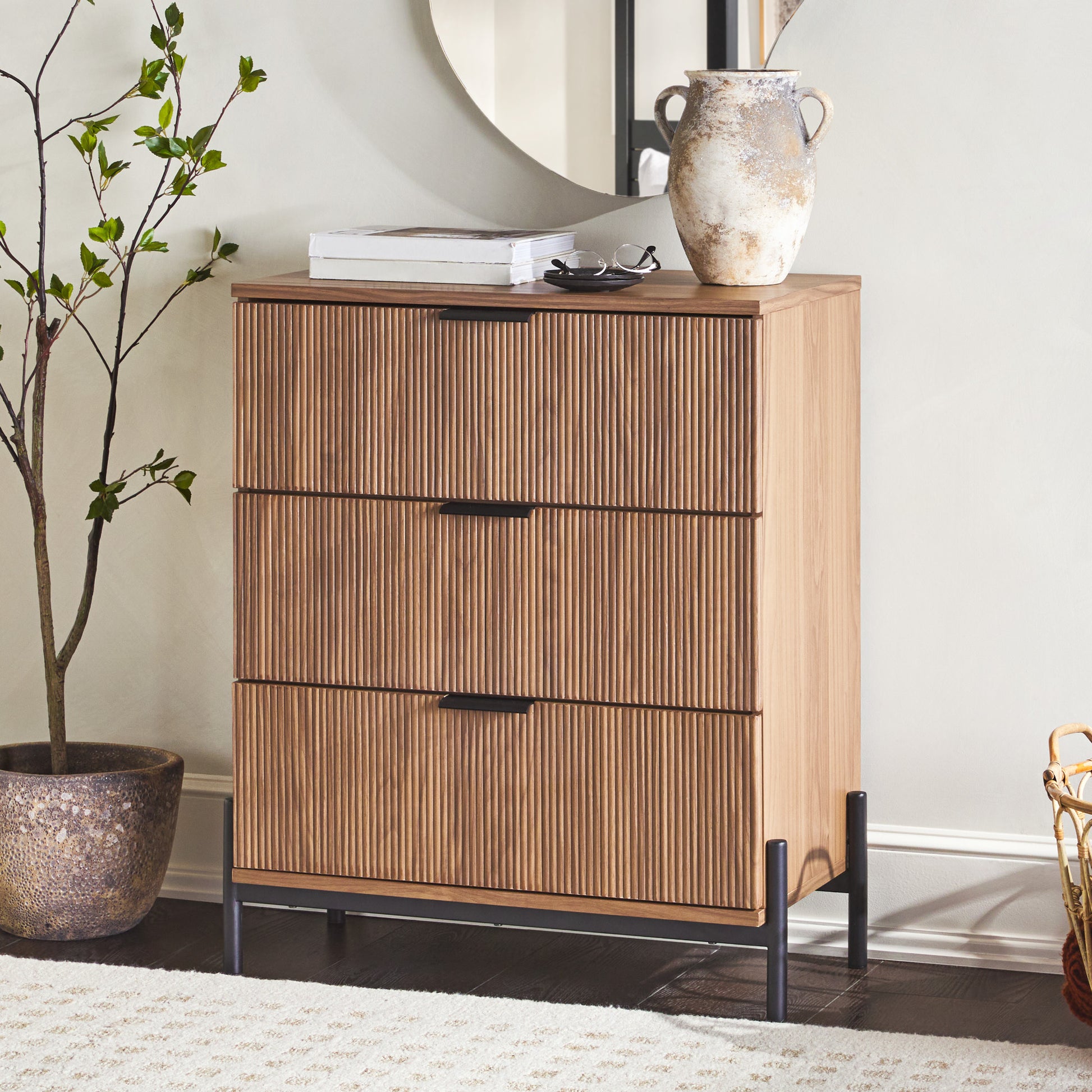 Mid Century 3 Drawer Chest With Reeded Drawer Fronts, Mocha Coffee Mdf Mdf