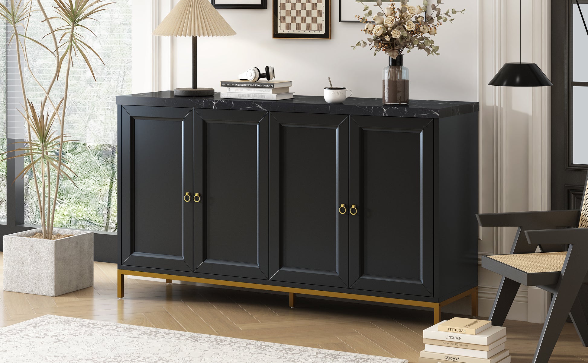 Modern Sideboard With Extra Large Storage Space With Metal Handles And Support Legs For Living Room And Dining Room Black Black Mdf