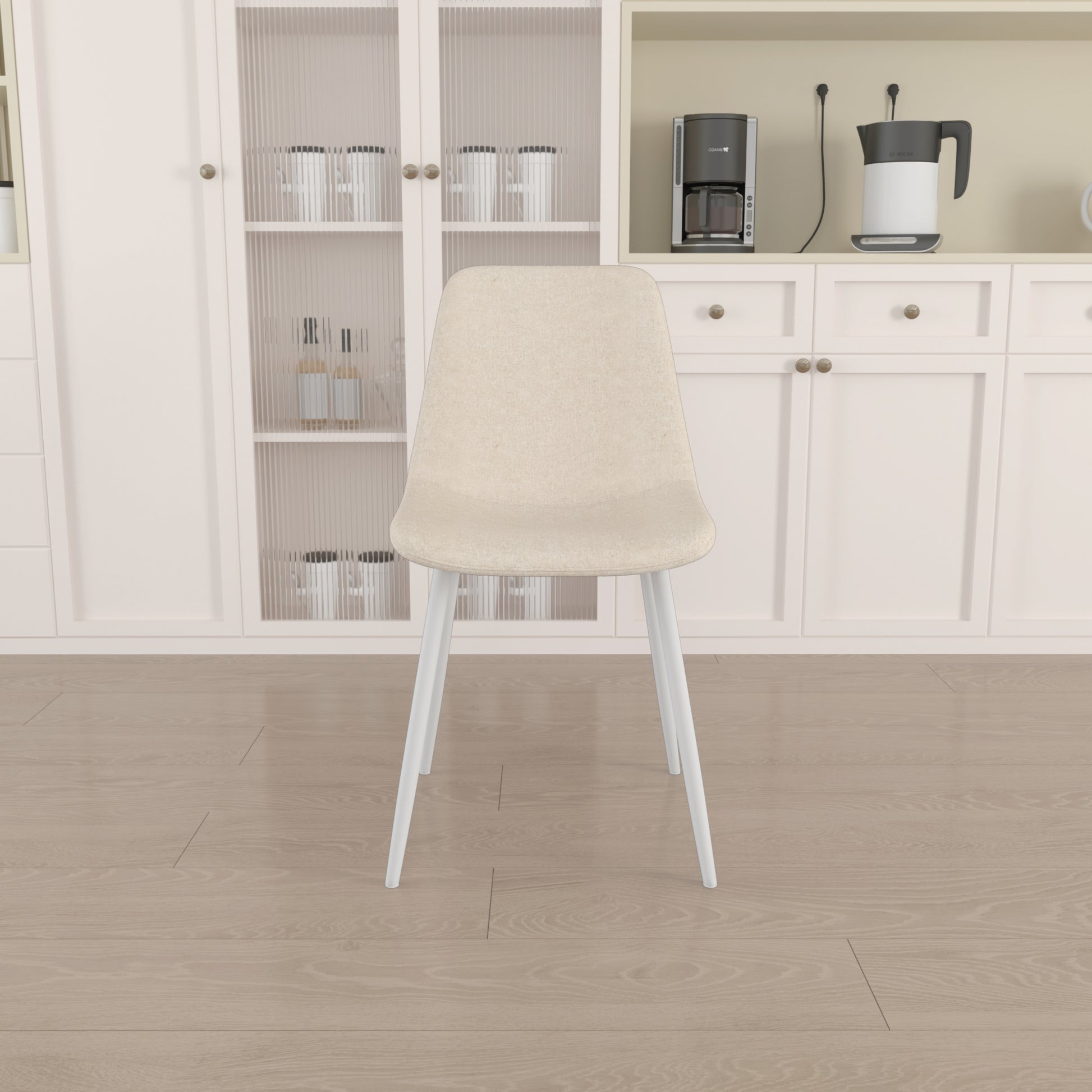 63 "Mdf Cream Style Coffee Table And Modern Dining Chair 4 Piece Set, Modern Fashion Kitchen Table Set, Round Wave Table Legs, Dining Table And Linen Chair Beige White Mdf