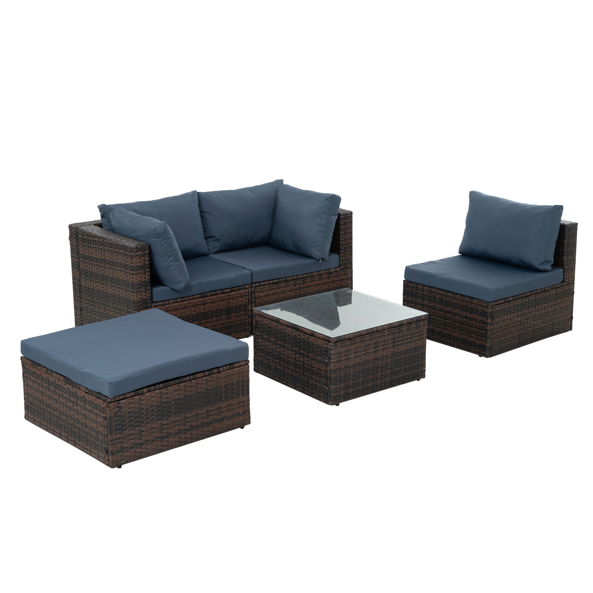 Patio Furniture, Outdoor Furniture, Seasonal Pe Wicker Furniture, 5 Set Wicker Furniture With Tempered Glass Coffee Table Brown Seats 4 Pe Rattan Iron Waterproof Fabric