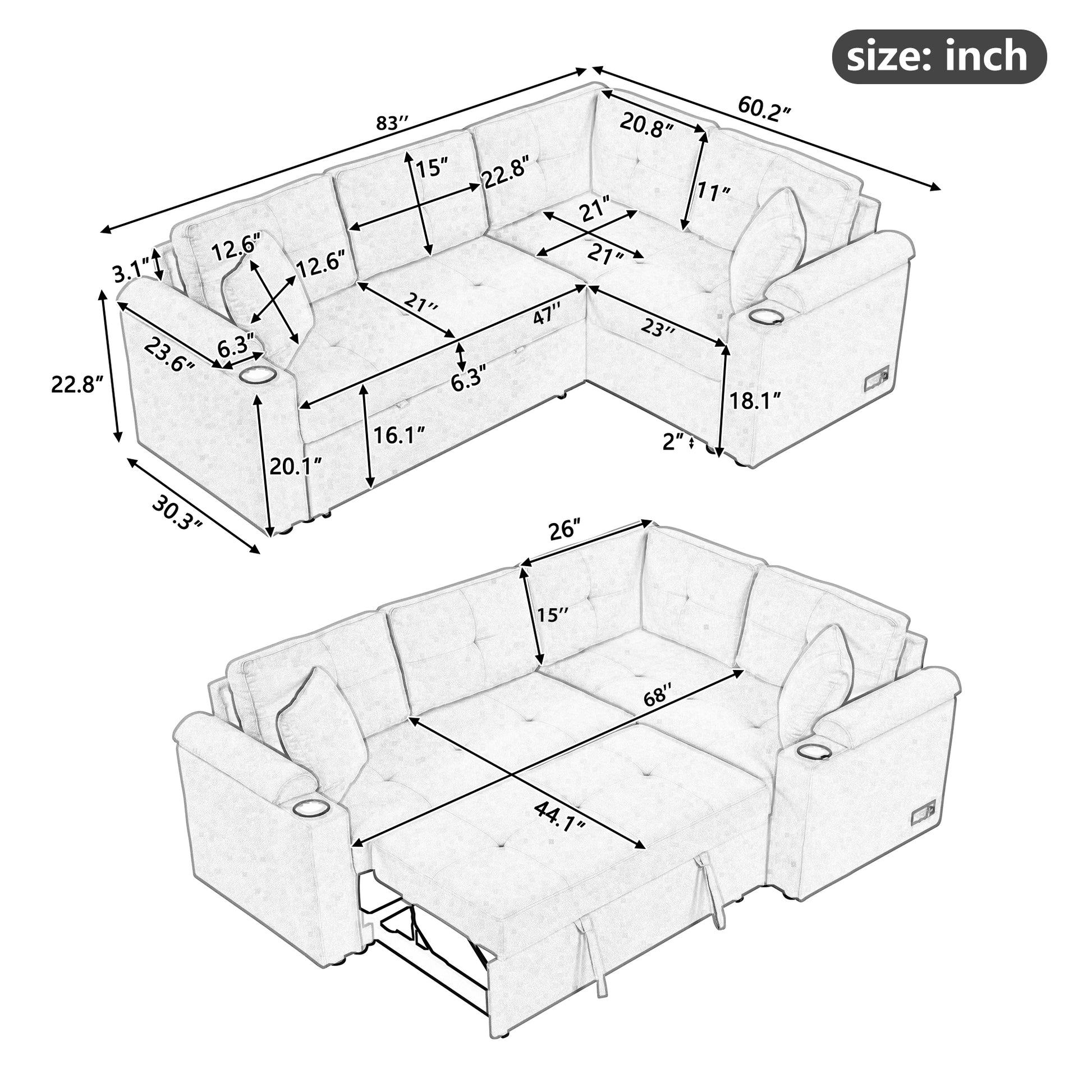 83" L Shape Sofa Bed Pull Out Sleeper Sofa With Wheels, Usb Ports, Power Sockets For Living Room, Beige Beige Foam Boucle 3 Seat