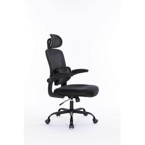 Ergonomic Mesh Office Chair With 3D Adjustable Lumbar Support, High Back Desk Chair With Flip Up Arms, Executive Computer Chair Home Office Task Swivel Rolling Chairs For Adults Cushion Metal Solid Black Office Sponge Dry Clean Round Handle Office Chairs