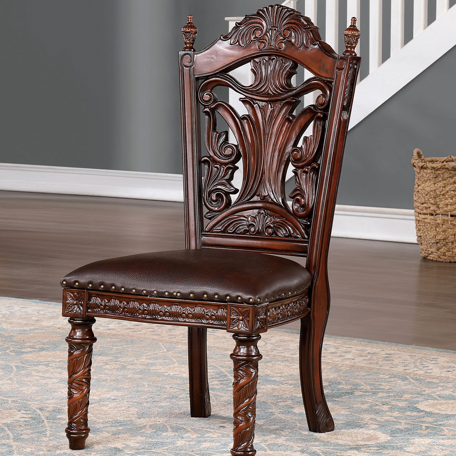 Traditional 2Pcs Side Chairs Brown Cherryseats Faux Wood Carved Details Formal Solid Wood Dining Room Furniture Brown,Dark Brown Brown Dining Room Luxury,Traditional,Vintage Dining Chairs Rubberwood