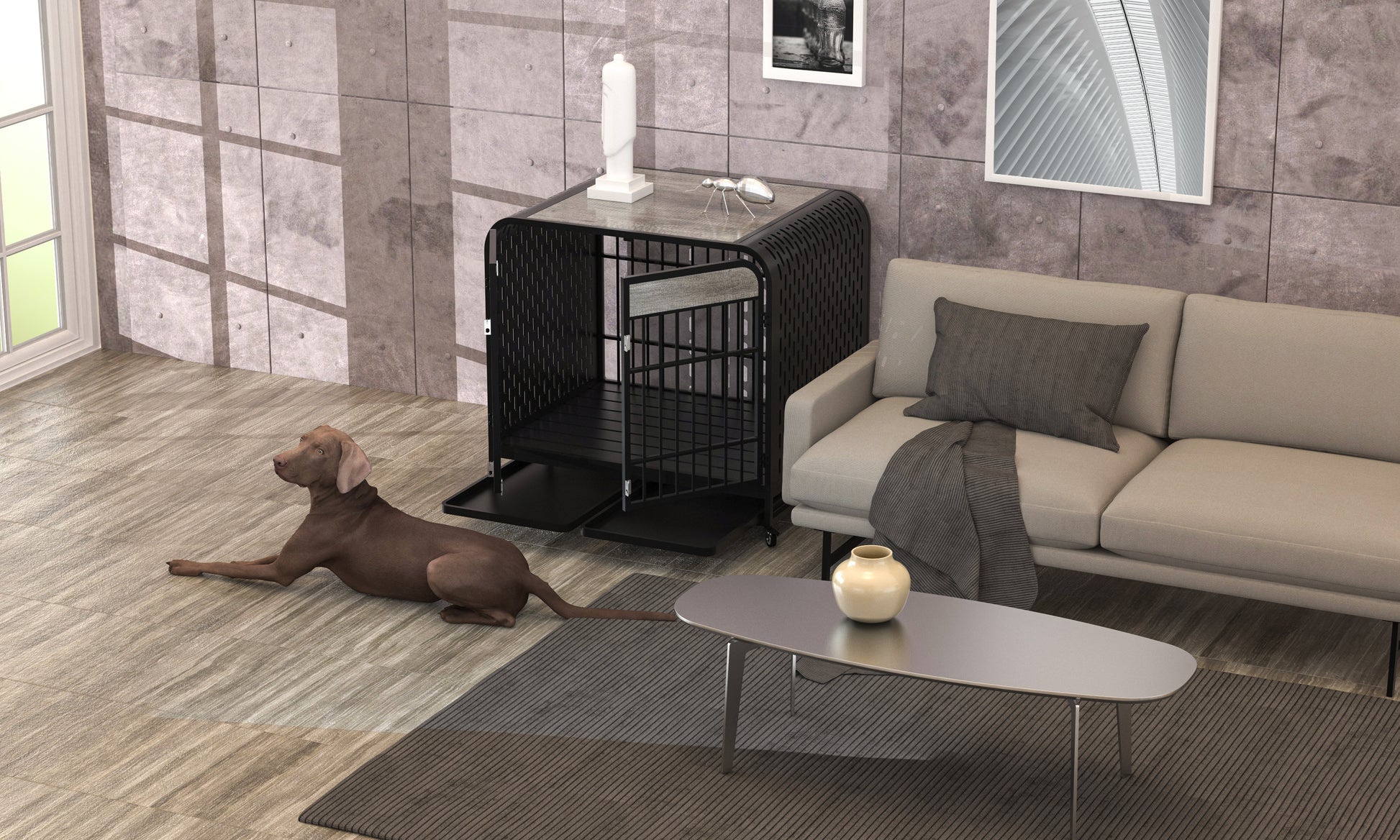 Heavy Duty Dog Crate Furniture Wooden Table Pet Dog Cage Kennel House Indoor Side End Table Decor With Removable Trays And Lockable Wheels For Medium And Large Dogs 42" Grey Grey Outdoor Kennel Large 41 70 Lbs Mdf Steel