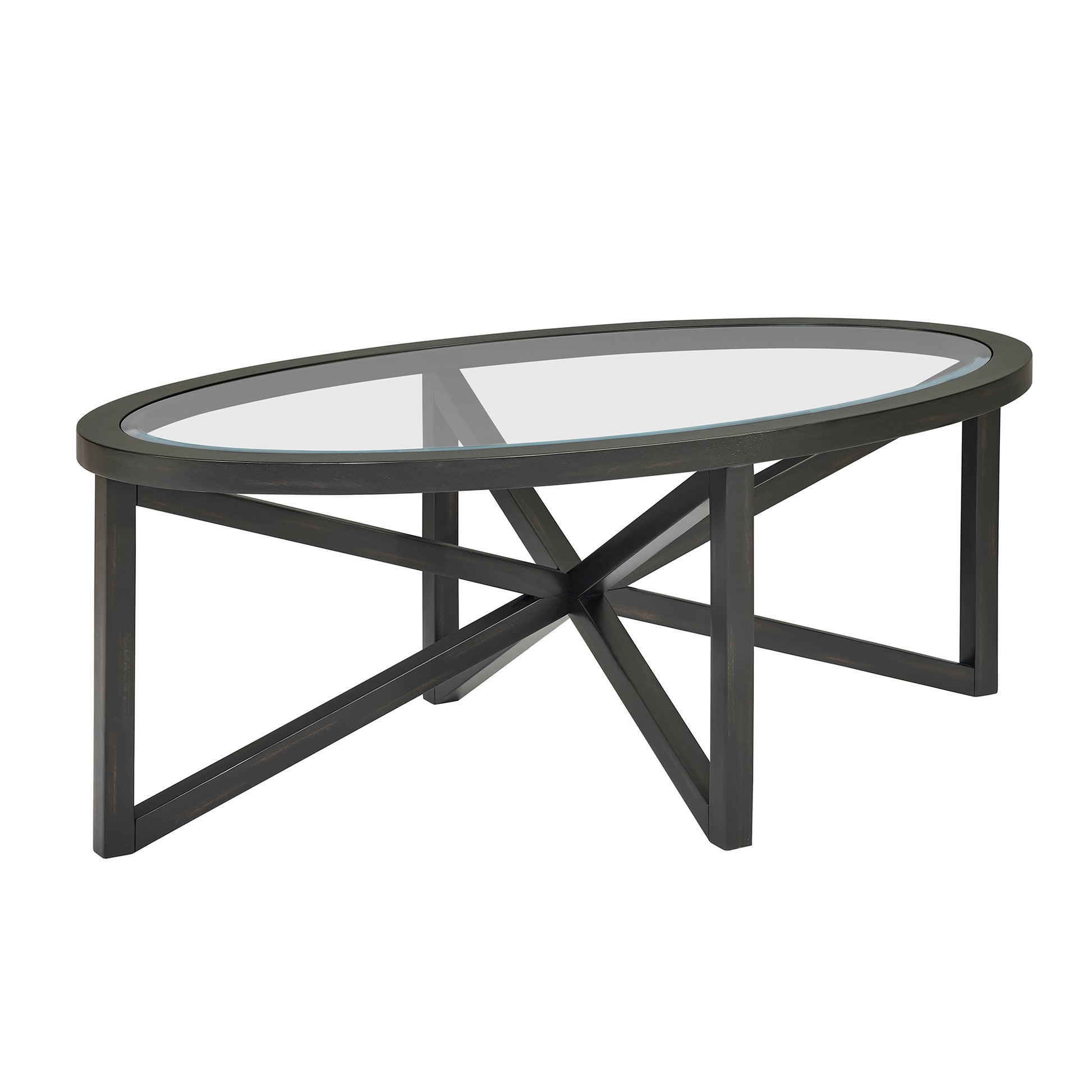 Modern Simple Glass Coffee Table, Tempered Glass Coffee Table Solid Wood Base Round Transparent Glass Top Modern Living Room Terrace Study Coffee Table Black Wood Glass