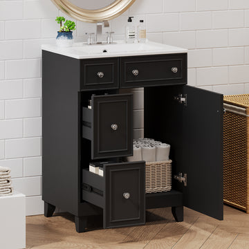 24 Inch Bathroom Vanity Cabinet With Ceramic Sink, 2 Drawers, 1 Door Black Bathroom Solid Wood Mdf