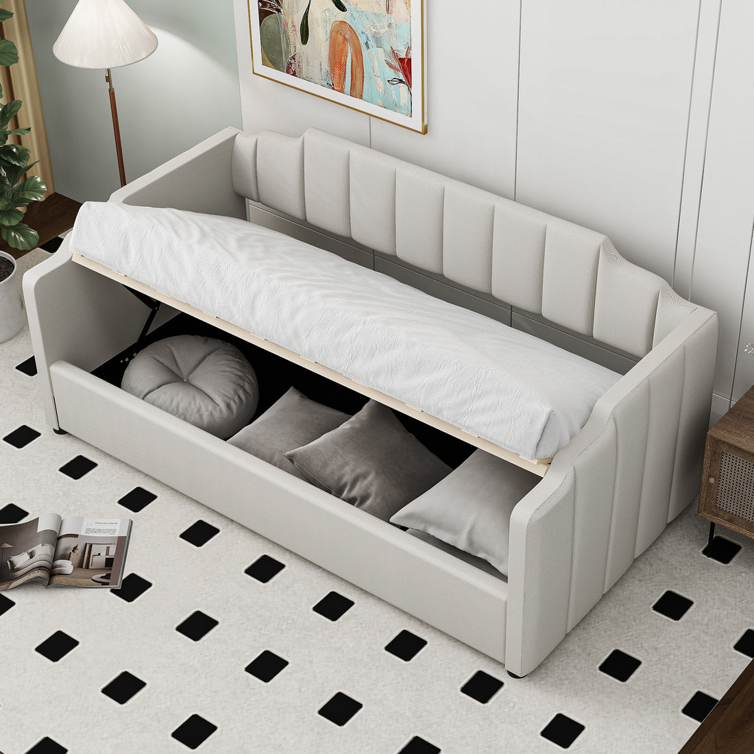 Upholstered Daybed With Underneath Storage,Twin Size, White Twin White Upholstered