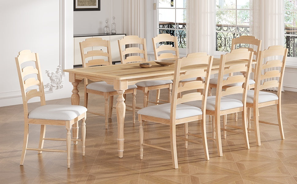 Vintage Traditional 9 Piece 82.7Inch Extendable Dining Table Set With 23.6Inch Removable Leaf And 8 Upholstered Dining Chairs For 8, Natural Wood Dining Room Distressed Finish Rubberwood Rectangular Dining Table With Bench Wood Wood Natural Seats 8
