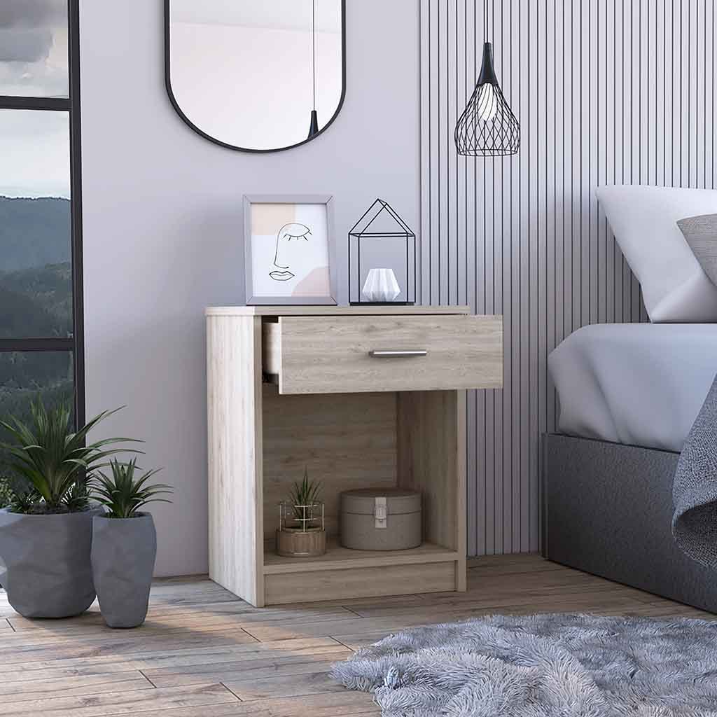 Eco Nightstandend Table, Side Table Superior Top, One Drawer, Lower Shelf Light Gray Gray 1 Drawer Bedroom Rectangle Modern Shelf Particle Board Particle Board